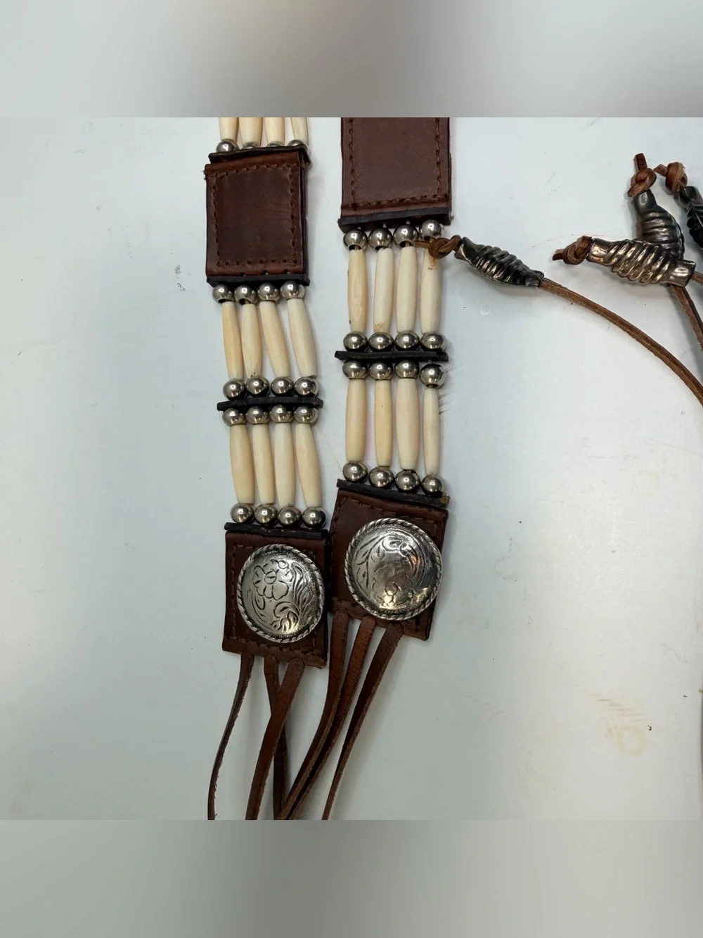 Vintage Western Leather Concho Tie Belt Bone Beads Southwestern Handmade